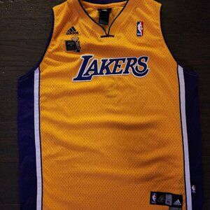 LA Lakers gold mesh Adidas size XL Length +2 jersey Tackle twill 2000 NBA Champs